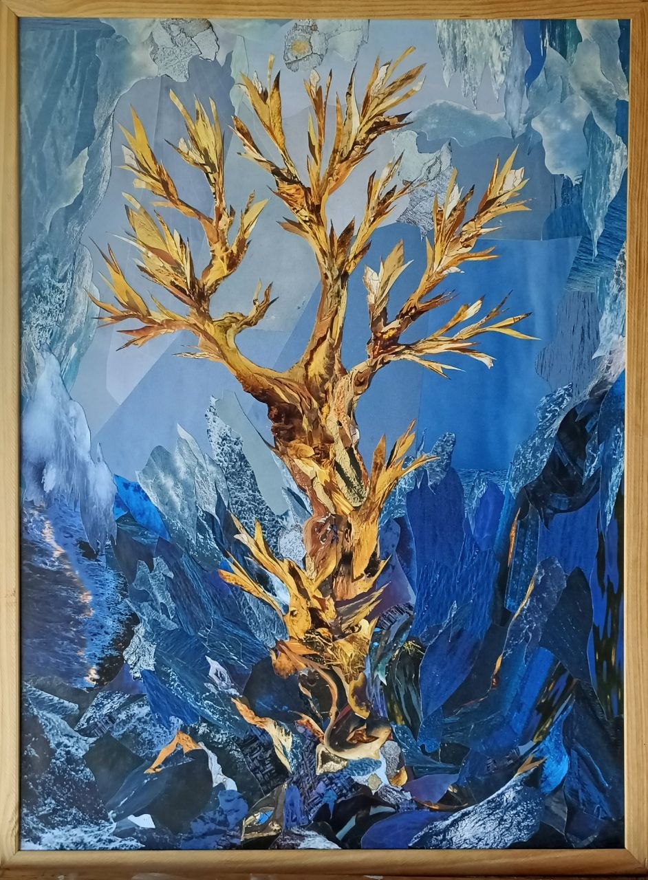 A golden tree rises from a deep blue crystalline ice field.