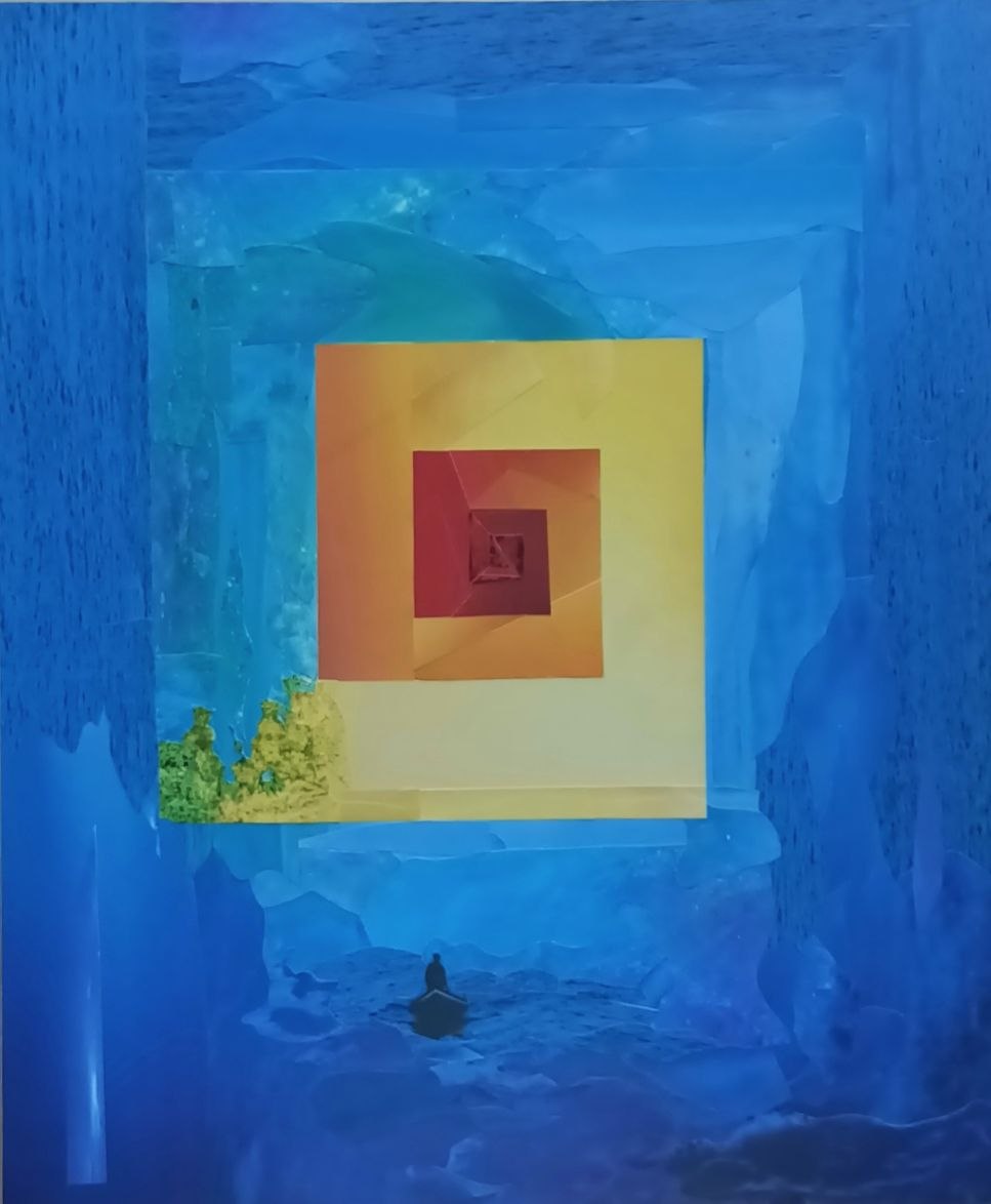A small boat faces a warm square spiral inside a blue chamber.