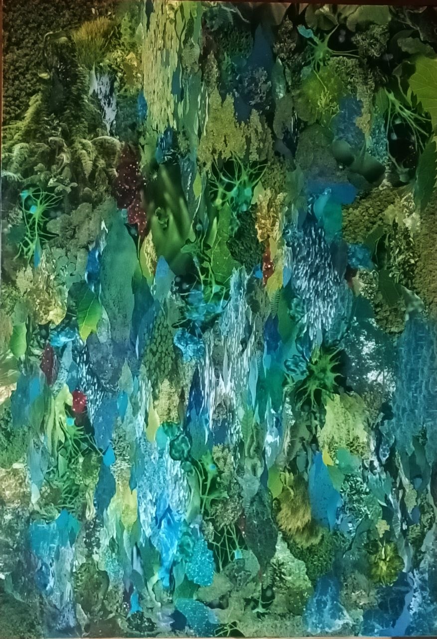 A dense green botanical and underwater collage fills the picture plane.
